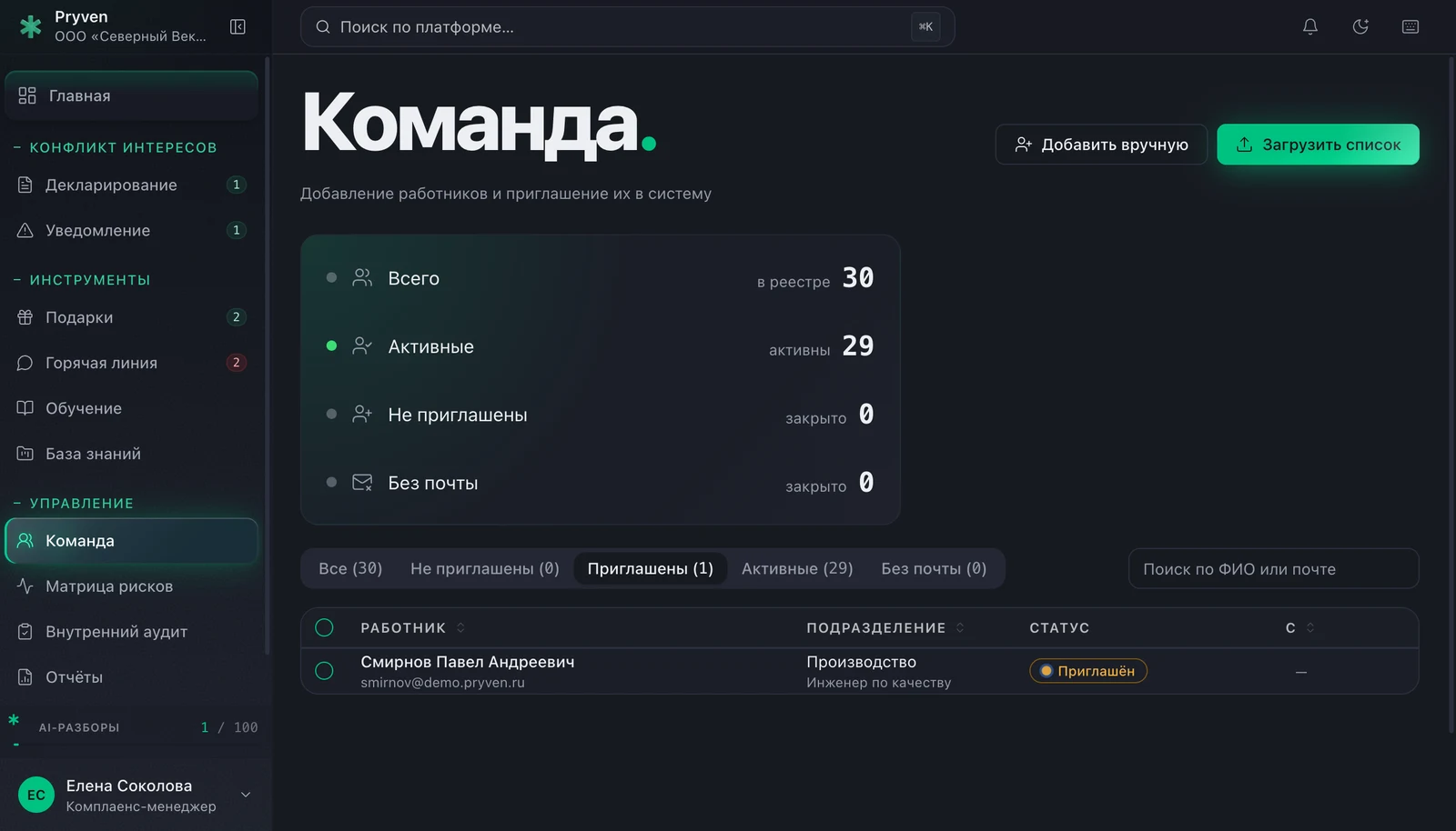 Реестр работников Pryven, вкладка Приглашены: строка работника со статусом Приглашен