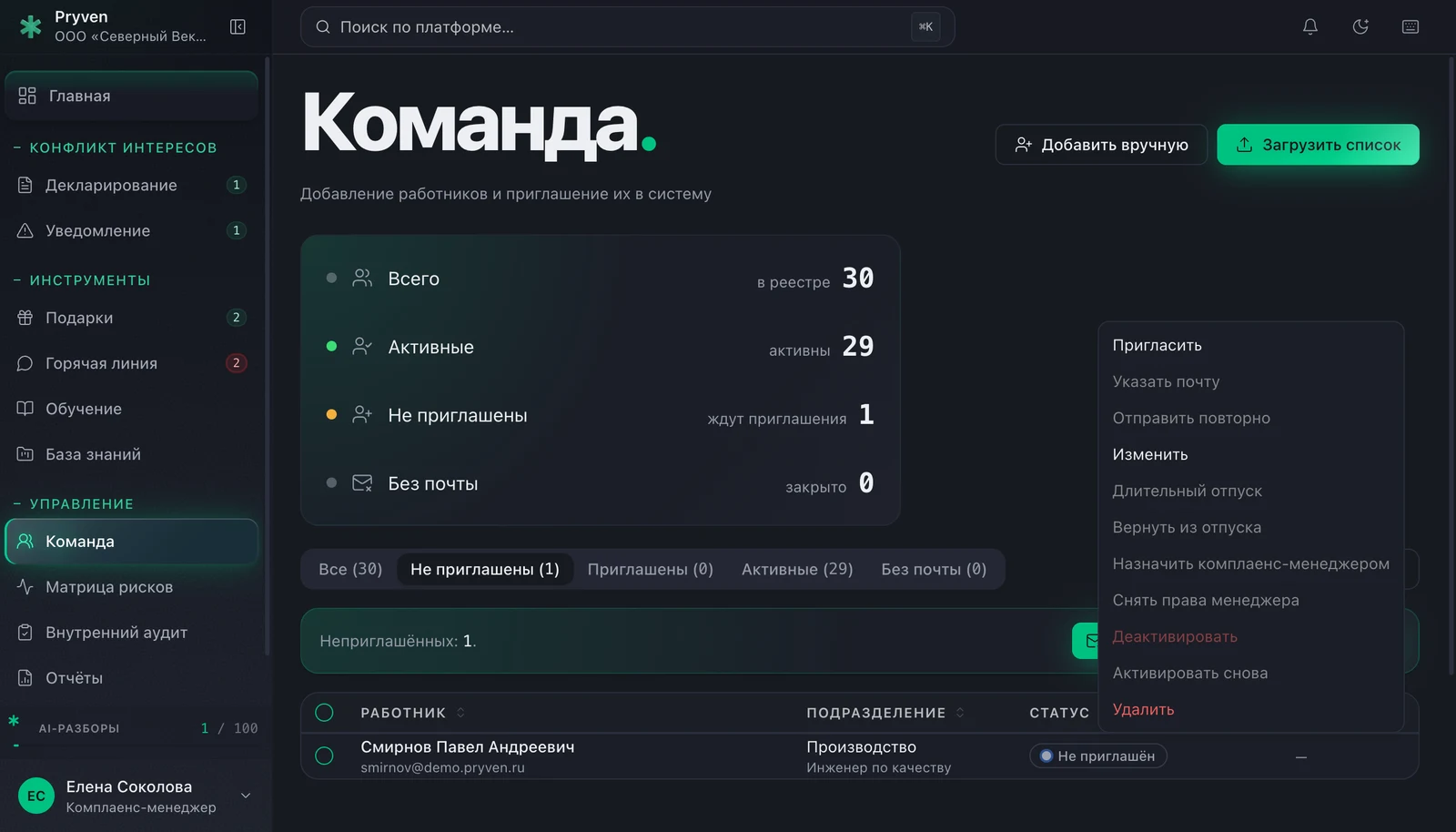 Меню действий со строкой работника в реестре Pryven: пункты Пригласить, Указать почту, Отправить повторно, Изменить и другие